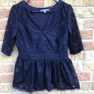 NWOT Boutique Navy Peplum Lace Top